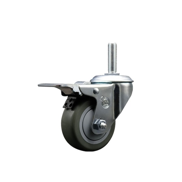 3 Inch Gray Polyurethane Wheel Swivel 58 Inch Threaded Stem Caster Total Lock Brake SCC